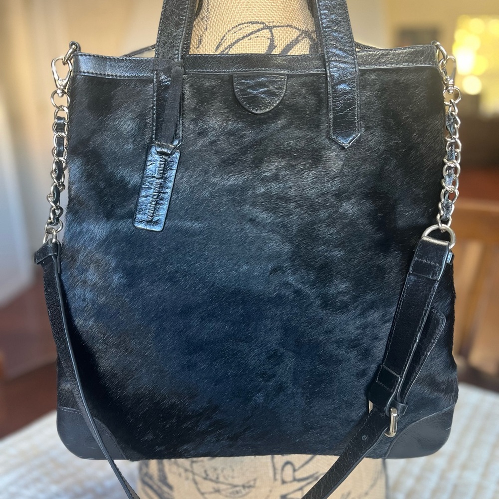 Aqua Madonna Black Leather Tote with Chain Strap
